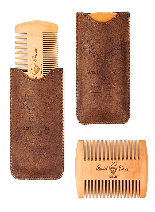 Menesia Wooden Beard Comb, 3 Pieces & Durable Cases for Men, Beard & Mustaches, Fine & Coarse Teeth, Brown Deer Design - Image 3