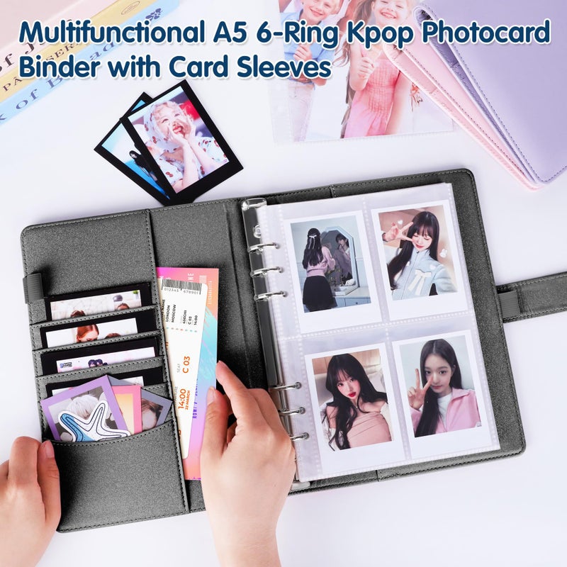 Antner A5 Kpop Photocard Binder 6-Ring Card Collector Album with 40 Pack Card Sleeves, PU Leather Photocard Holder Book with Multi-Size Photo Protectors for Organizing Trading Cards, Glitter Black - Image 3