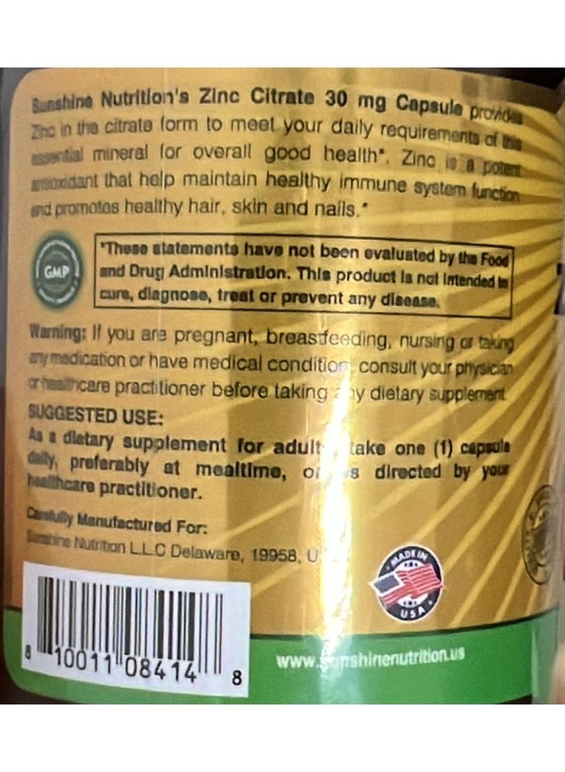 Sunshine Nutrition Zinc Citrate 30MG 100 Caps - Image 2