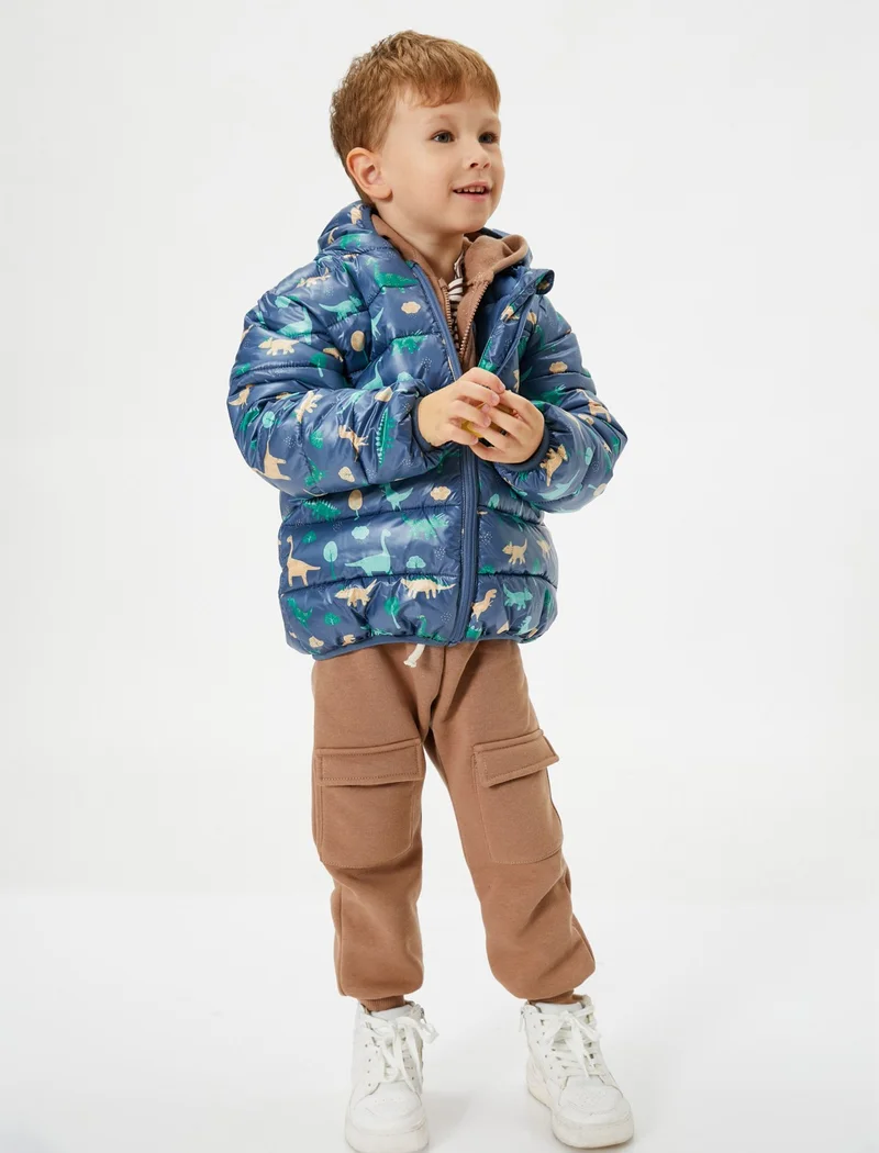 KOTON Dinosaur Puffer Jacket Quilted Hooded Zippered