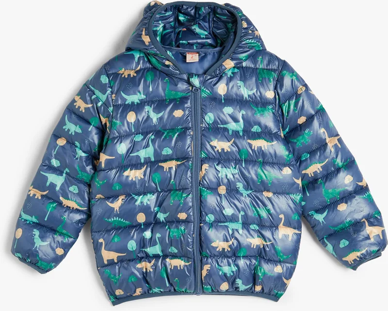 KOTON Dinosaur Puffer Jacket Quilted Hooded Zippered