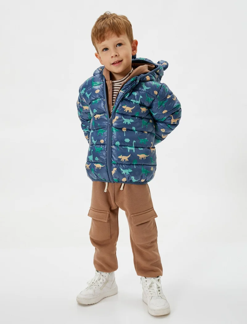 KOTON Dinosaur Puffer Jacket Quilted Hooded Zippered