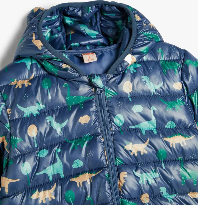 KOTON Dinosaur Puffer Jacket Quilted Hooded Zippered