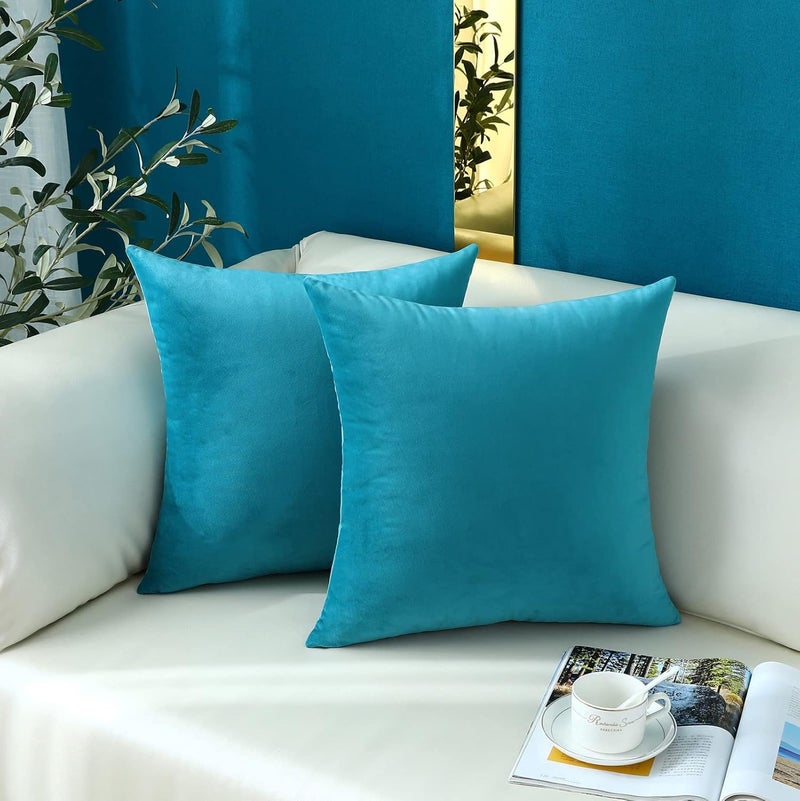 mixeoo Comfy Dark Turquoise Decorative Throw Pillow Covers Square Velvet Super Soft Cushion Cases Home Decor for Living Room, Set of 2, 20 x 20 Inch - Image 2