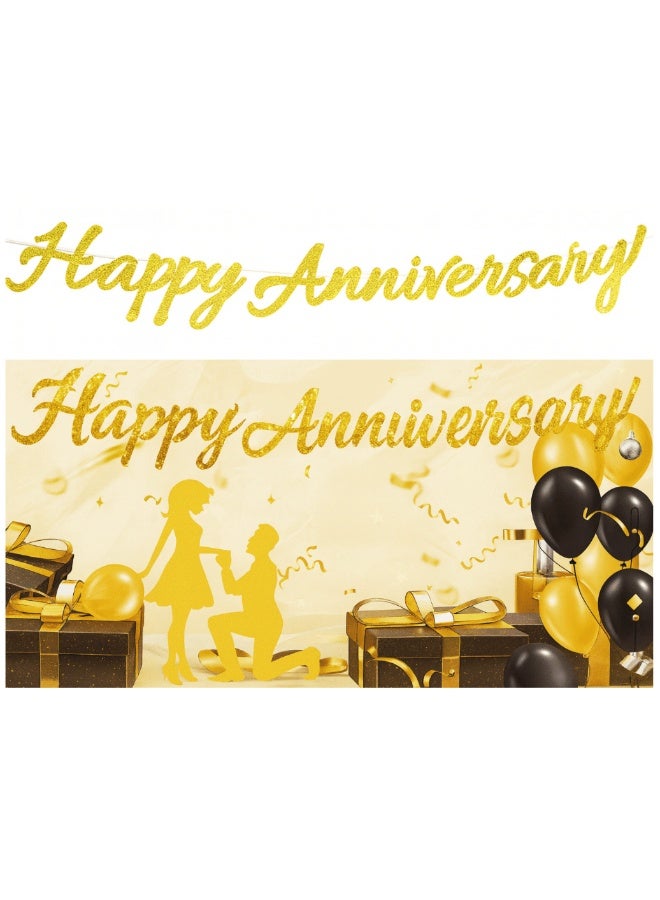 Happy Anniversary Banner Decoration, Gold Anniversary Party Banner with Romantic Couple Design for Wall Decor, Photo Backdrop and Celebration Setup - Image 3