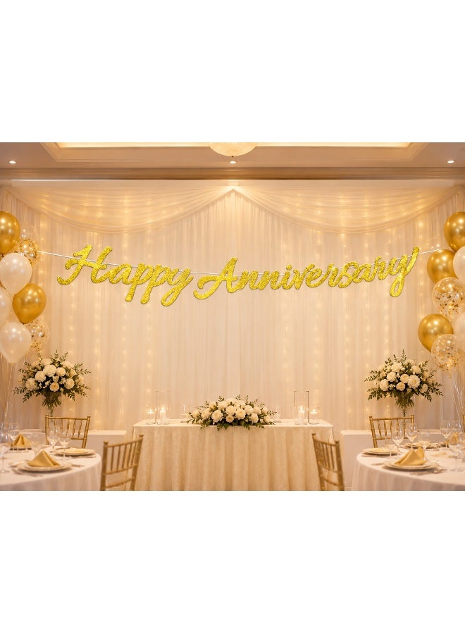 Happy Anniversary Banner Decoration, Gold Anniversary Party Banner with Romantic Couple Design for Wall Decor, Photo Backdrop and Celebration Setup - Image 2