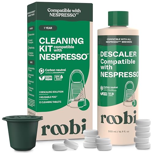 Roobi Descaling and Cleaning Kit Compatible with Nespresso Originaline. Includes 1 Bottle of Descaling Solution, 12 Cleaning Tablets and 1 Reusable Pod. Carbon Neutral. 1 Year Supply. - Image 1