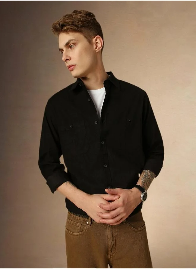 دينيس لينغو Solid Relaxed Fit Spread Collar Shirt