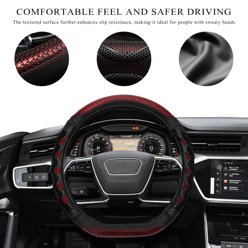 SHMZK Car Steering Wheel Cover, 15 Inch Anti-Slip Steering Wheel Cover Protector with 3D Honeycomb Design, Universal Steering Wheel Covers for Cars Truck SUV, Car Accessories (Red) - Image 4