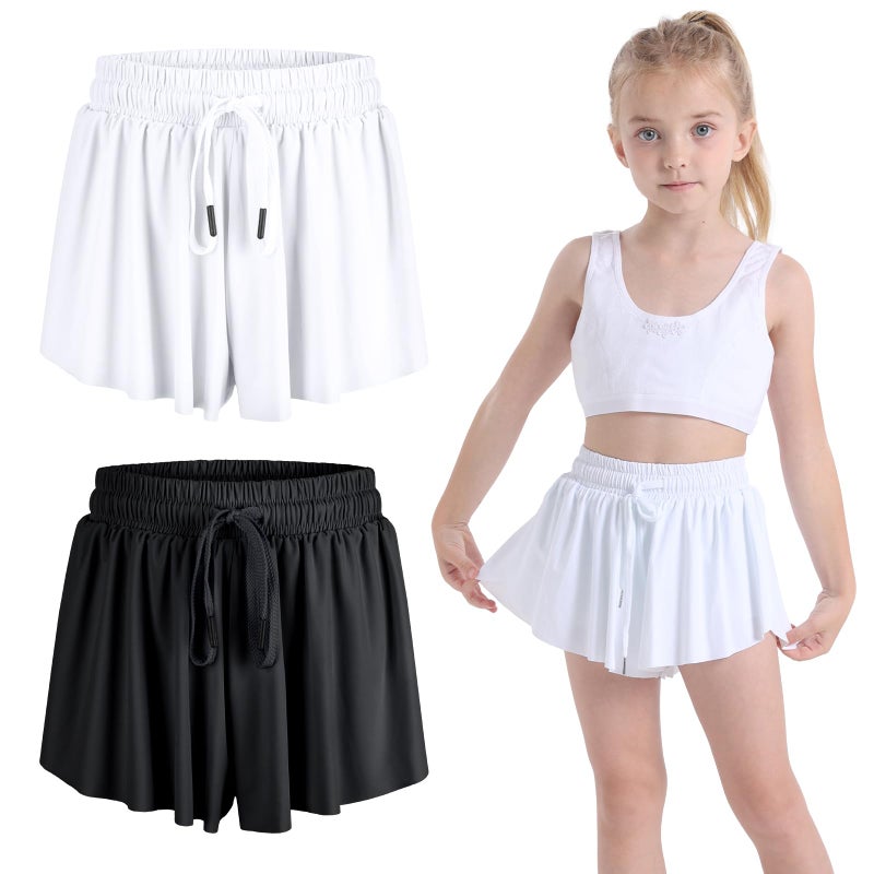 FunisFun 2 Pack Girls Athletic Flowy Shorts with Spandex Liner 2-in-1 Kids Butterfly Skirts Shorts for Dancing Running Sports - Image 1