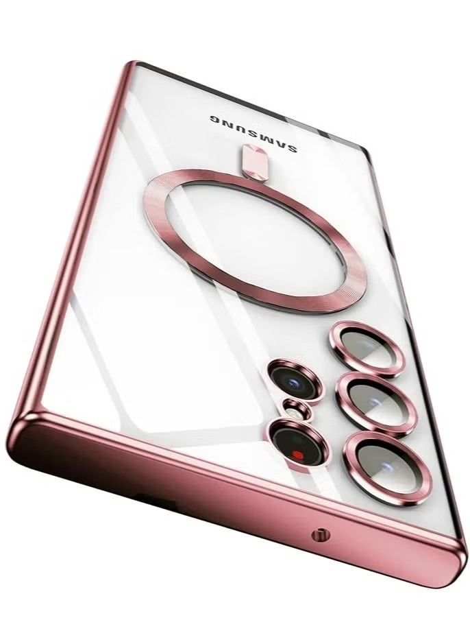 Electroplated Case For Samsung Galaxy S23 Ultra Camera Lens Full Protection Compatible with MagSafe Wireless Charging, Shockproof Soft TPU Phone Magnetic Cover (Rose Gold) - Image 1