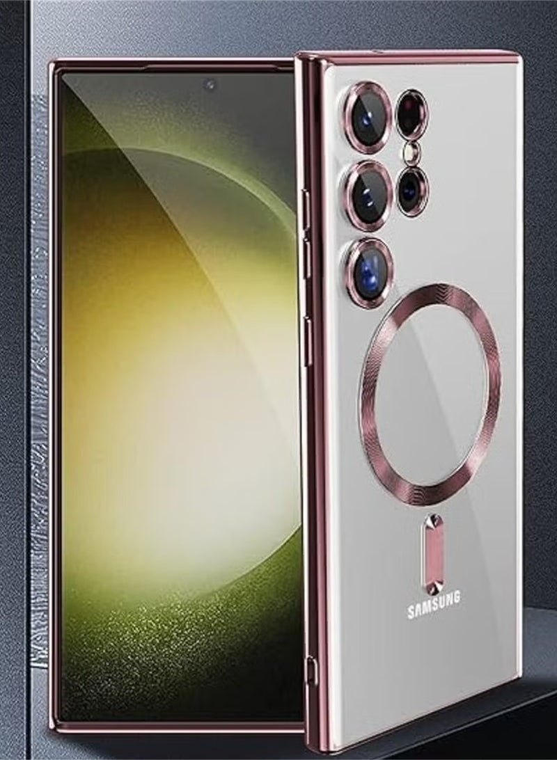 Electroplated Case For Samsung Galaxy S23 Ultra Camera Lens Full Protection Compatible with MagSafe Wireless Charging, Shockproof Soft TPU Phone Magnetic Cover (Rose Gold) - Image 2