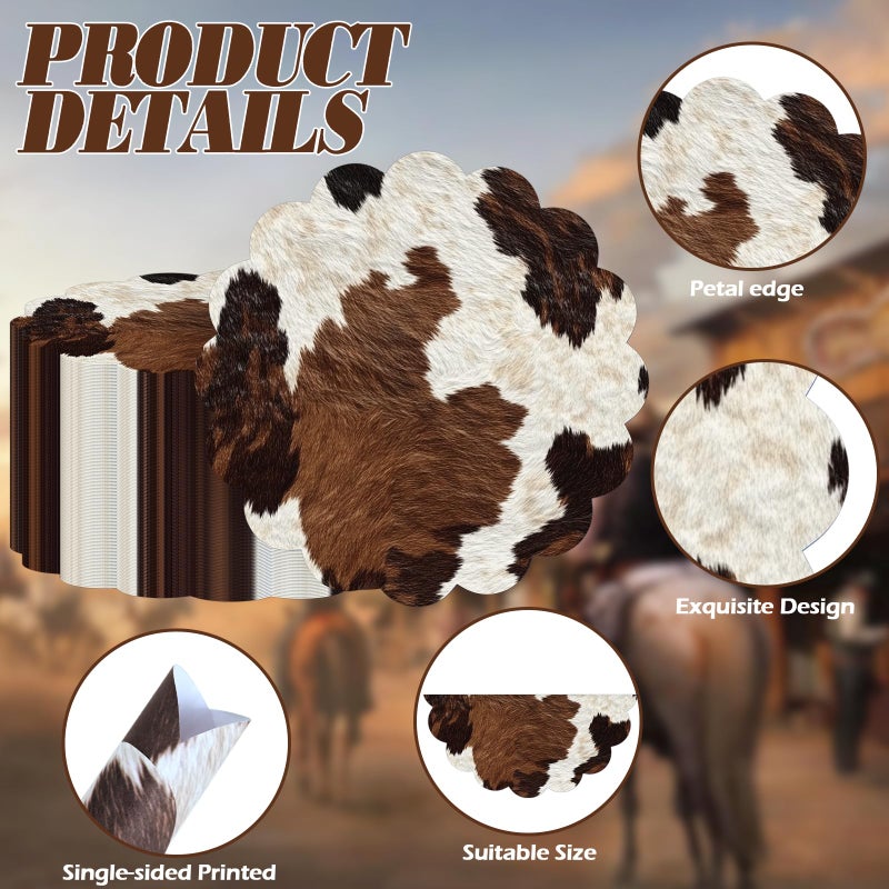 Stuffygreenus 100 Pcs Cow Paper Placemats 13.5 Inches Scalloped Western Placemats Disposable Brown and White Cowhide Place Mats for Western Cowboy Party Wedding Baby Shower Rustic Party Table Decor - Image 3