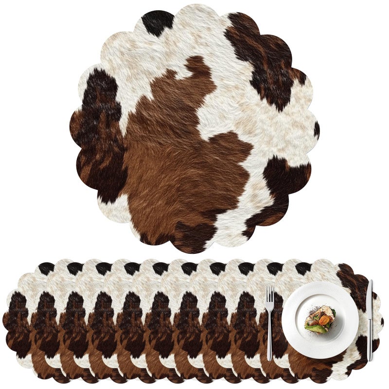 Stuffygreenus 100 Pcs Cow Paper Placemats 13.5 Inches Scalloped Western Placemats Disposable Brown and White Cowhide Place Mats for Western Cowboy Party Wedding Baby Shower Rustic Party Table Decor - Image 1