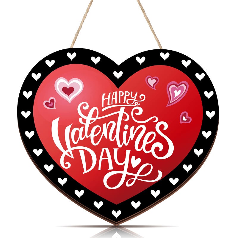 Marsui Happy Valentine's Day Decoration for Front Door Wooden Valentines Door Hanger Red Black Heart Hanging Wreath Valentine Welcome Wood Sign Valentines Day Wreath for Home Porch Window Wall Decor - Image 1