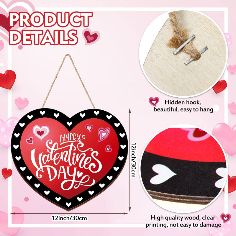 Marsui Happy Valentine's Day Decoration for Front Door Wooden Valentines Door Hanger Red Black Heart Hanging Wreath Valentine Welcome Wood Sign Valentines Day Wreath for Home Porch Window Wall Decor - Image 3