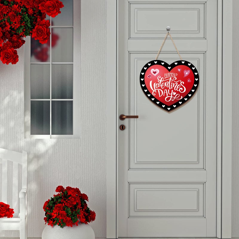 Marsui Happy Valentine's Day Decoration for Front Door Wooden Valentines Door Hanger Red Black Heart Hanging Wreath Valentine Welcome Wood Sign Valentines Day Wreath for Home Porch Window Wall Decor - Image 2
