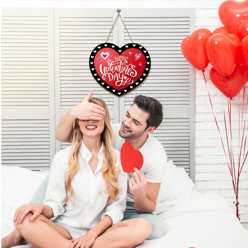 Marsui Happy Valentine's Day Decoration for Front Door Wooden Valentines Door Hanger Red Black Heart Hanging Wreath Valentine Welcome Wood Sign Valentines Day Wreath for Home Porch Window Wall Decor - Image 4
