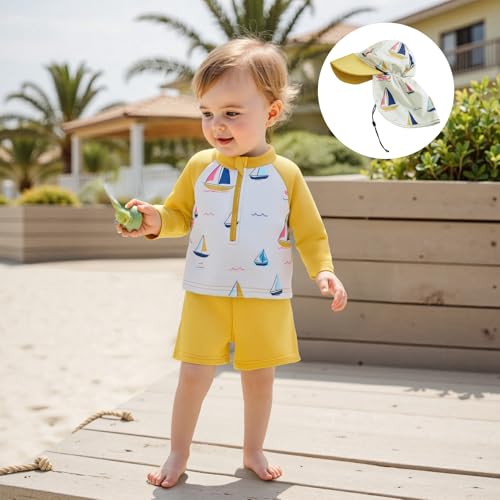 DuAnyozu Baby Boys Swimsuit Long Sleeve Rash Guard Swimwear Baby Boy Swim Trunk with Hat Toddler 4th of July Bathing Suit (Sailboat-Yellow, 0-6 Months) - Image 2