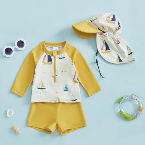 DuAnyozu Baby Boys Swimsuit Long Sleeve Rash Guard Swimwear Baby Boy Swim Trunk with Hat Toddler 4th of July Bathing Suit (Sailboat-Yellow, 0-6 Months) - Image 3