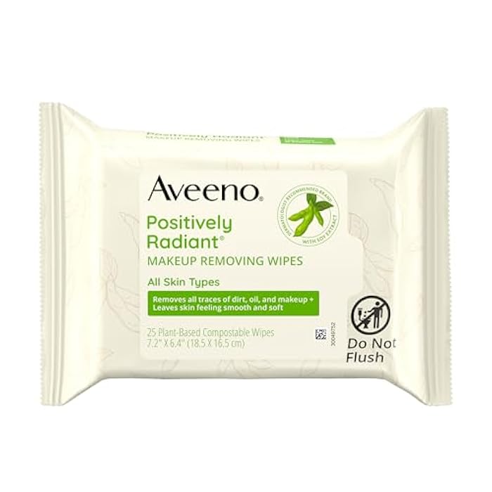 Aveeno Positively Radiant Makeup Remover Wipes, Gentle Individual Face Wipes with Moisture-rich Soy Extract to help leave your skin looking bright, Hypoallergenic Formula, Non-Comedogenic (Pack of 25) - Image 1