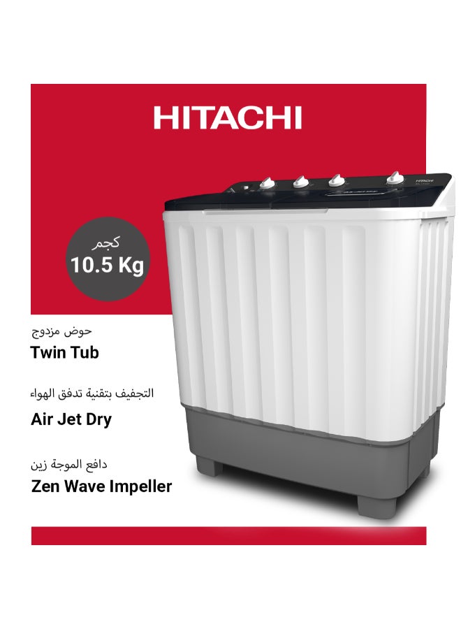 Hitachi 10.5kg Twin Tub, Top Load Washing Machine with Semi Automatic and 8kg Dryer Capacity, Max Spin Speed (RPM) 1350, Air Jet Dry, Easy Control & Cuffs Wash Board, White/Mercury Grey, LTTH0JWTMRG 10.5 kg LTTH0JWTMRG white - Image 2