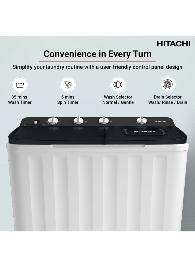 Hitachi 10.5kg Twin Tub, Top Load Washing Machine with Semi Automatic and 8kg Dryer Capacity, Max Spin Speed (RPM) 1350, Air Jet Dry, Easy Control & Cuffs Wash Board, White/Mercury Grey, LTTH0JWTMRG 10.5 kg LTTH0JWTMRG white - Image 4