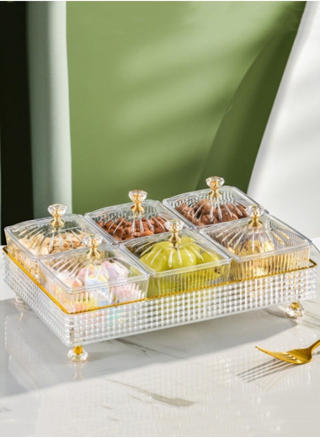 Generic 6 Snack Serving Tray With Lid Candy And Nut Serving Container Set Dried Fruit Plate Plastic Appetizer Platter Relish Storage Organizer Cosmetic Storage Boxes Plate Food Display Bowls Clear 27.5x18.5x11 cm  - Image 1