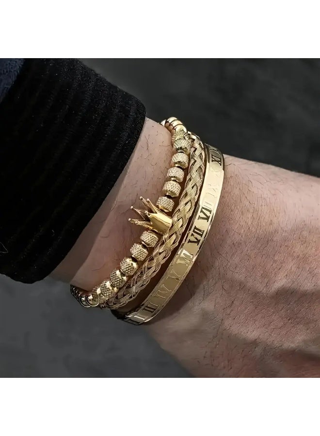 أوليس فيرس  سبيكة ثلاث قطع للرجال: سوار فولاذي مقاوم للصدأ بساعة رومانية، أساور مطرزة وقابلة للتعديل، إكسسوارات ذهبية فاخرة هدية للرجال - Image 1