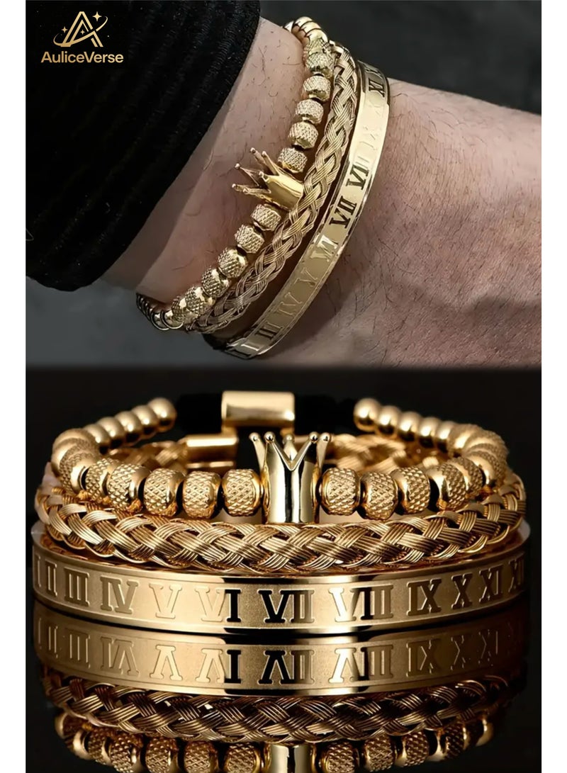 AuliceVerse 3Pcs Mens Stainless Steel Bracelet Set Roman Numeral Bangle Adjustable Cuff Twisted Cable Bracelets Luxury Gold Toned Jewelry Gift for Men - Image 1
