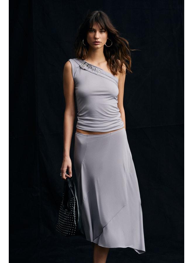 GRIMELANGE MELONS Women's Soft and Flexible Fabric Waist Elastic Midi Grey Skirt. - Image 2