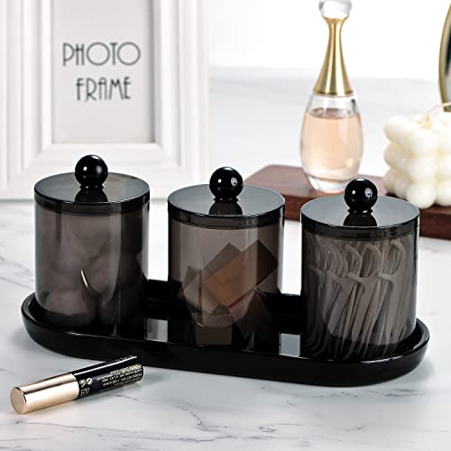 SheeChung Qtip Holder Bathroom Set with Tray(4PCS) - 3 Pack Acrylic Plastic Apothecary Jars Qtip Dispenser Canister with Lid and Labels, 1 Pack Vanity Tray, for Cotton Ball, Cotton Swab (Black) - Image 5