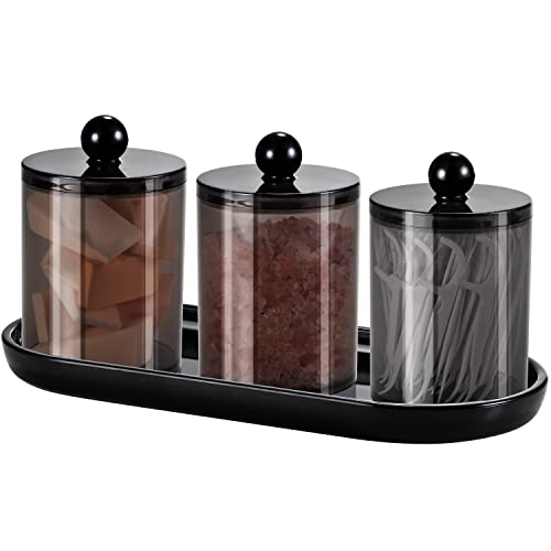SheeChung Qtip Holder Bathroom Set with Tray(4PCS) - 3 Pack Acrylic Plastic Apothecary Jars Qtip Dispenser Canister with Lid and Labels, 1 Pack Vanity Tray, for Cotton Ball, Cotton Swab (Black) - Image 1