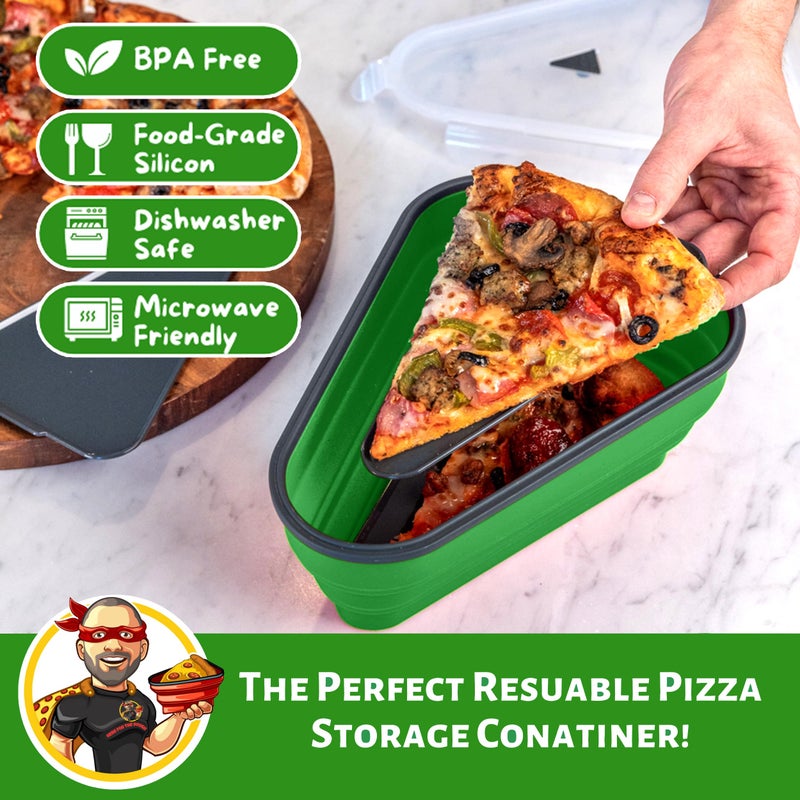 PIZZA PACK حزمة البيتزا المثالية - حاوية تخزين بيتزا قابلة لإعادة الاستخدام مع 5 صواني تقديم قابلة للاستخدام في الميكروويف - حاوية شريحة بيتزا قابلة للتعديل خالية من BPA لتنظيم وتوفير المساحة باللون الأخضر - Image 2