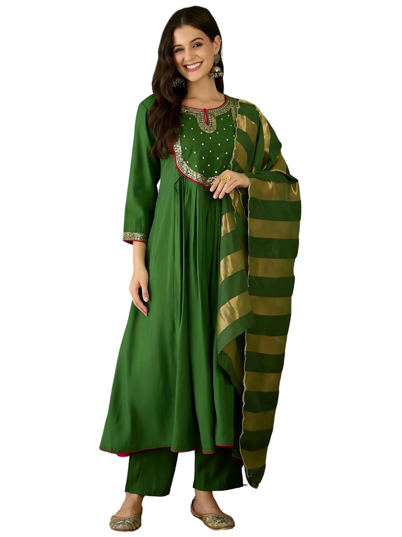 Naixa Women's Chanderi Embroidered Flared Kurta with Pant and Dupatta Sets for Wedding Party and Festival Wear (NX-762-Light-Green-5XL) - Image 1