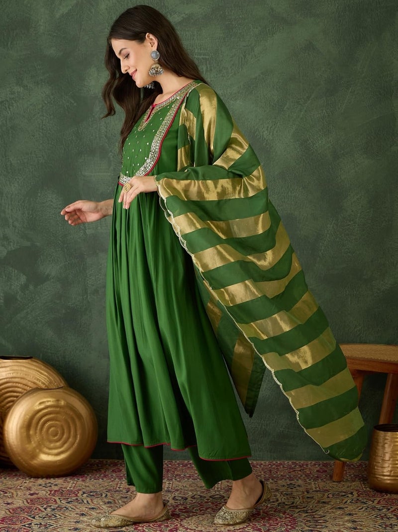 Naixa Women's Chanderi Embroidered Flared Kurta with Pant and Dupatta Sets for Wedding Party and Festival Wear (NX-762-Light-Green-5XL) - Image 3