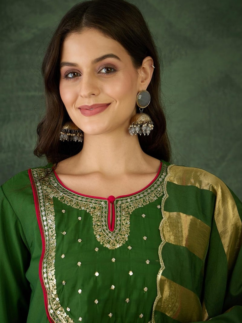 Naixa Women's Chanderi Embroidered Flared Kurta with Pant and Dupatta Sets for Wedding Party and Festival Wear (NX-762-Light-Green-5XL) - Image 5