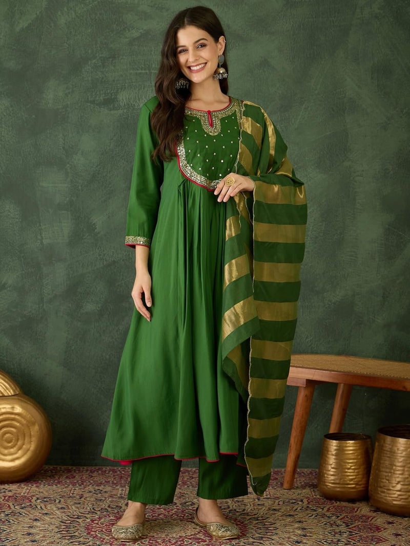 Naixa Women's Chanderi Embroidered Flared Kurta with Pant and Dupatta Sets for Wedding Party and Festival Wear (NX-762-Light-Green-5XL) - Image 2