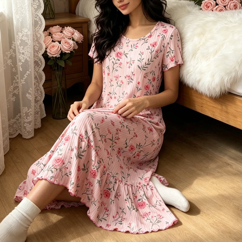 ثوب نوم نسائي مطبوع بأكمام مكشكشة، فضفاض - Image 4