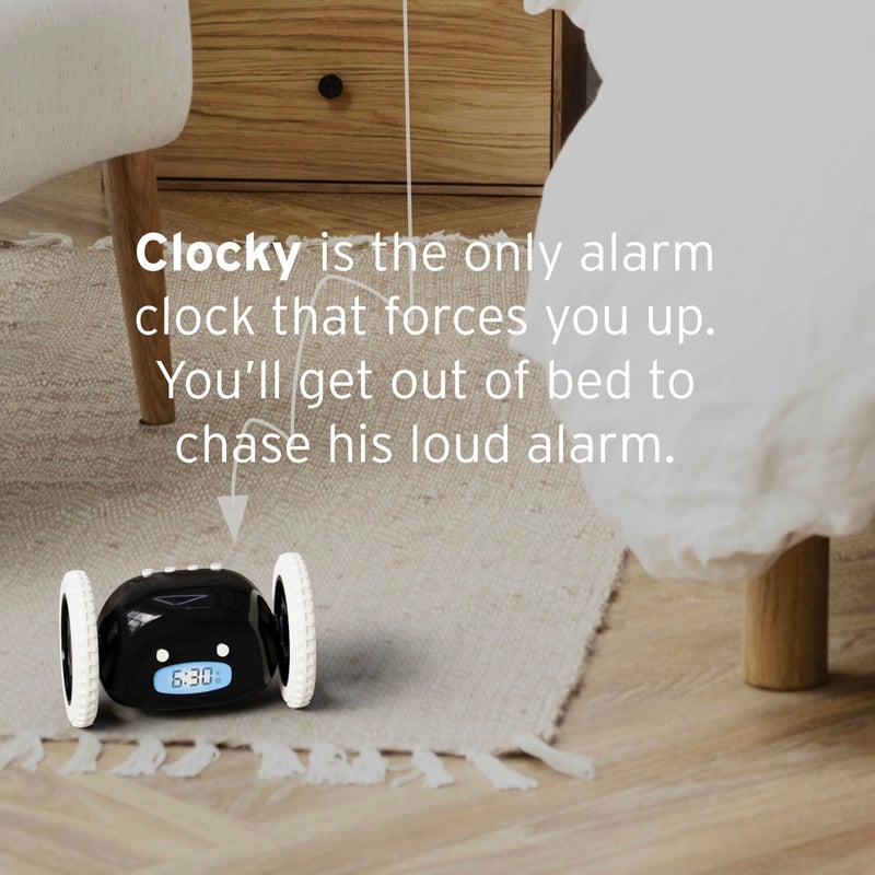 CLOCKY Alarm Clock on Wheels â€“ Loud Rolling Alarm Clock for Heavy Sleepers | Runaway Clock that Jumps & Runs to Wake You Up | Funny Unique Gift for Adults, Teens & Kids Bedrooms (Black) - Image 3