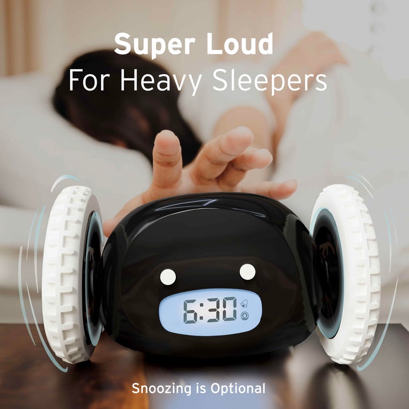 CLOCKY Alarm Clock on Wheels â€“ Loud Rolling Alarm Clock for Heavy Sleepers | Runaway Clock that Jumps & Runs to Wake You Up | Funny Unique Gift for Adults, Teens & Kids Bedrooms (Black) - Image 5
