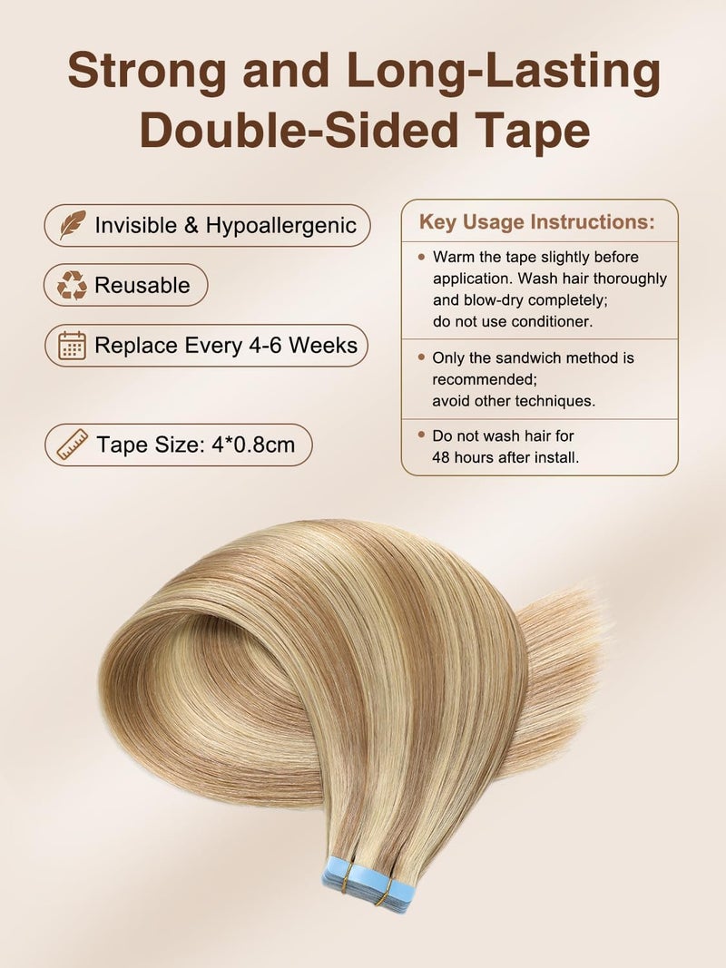 ييليت إكسسوارات شعر YILITE PU Tape In، 22 بوصة، لاصق، غير مرئي، خصلات جلدية، مستقيم حريري، شعر حقيقي، بيانو 18 ميكس 613، 20 قطعة، 50 جرام، ريمي (22 بوصة P18/613) - Image 4