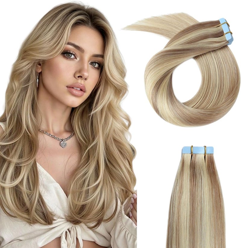 ييليت إكسسوارات شعر YILITE PU Tape In، 22 بوصة، لاصق، غير مرئي، خصلات جلدية، مستقيم حريري، شعر حقيقي، بيانو 18 ميكس 613، 20 قطعة، 50 جرام، ريمي (22 بوصة P18/613) - Image 1