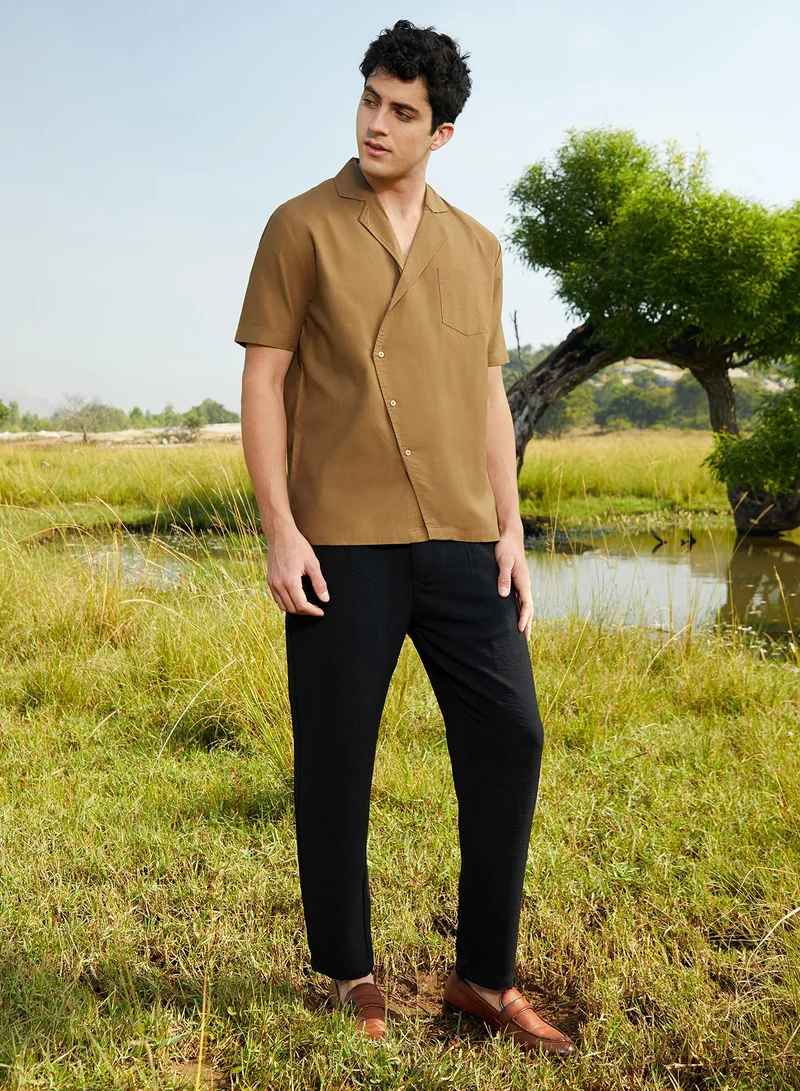 Campus Sutra Men's Camel Brown Asymmetrical Cuban Shirt