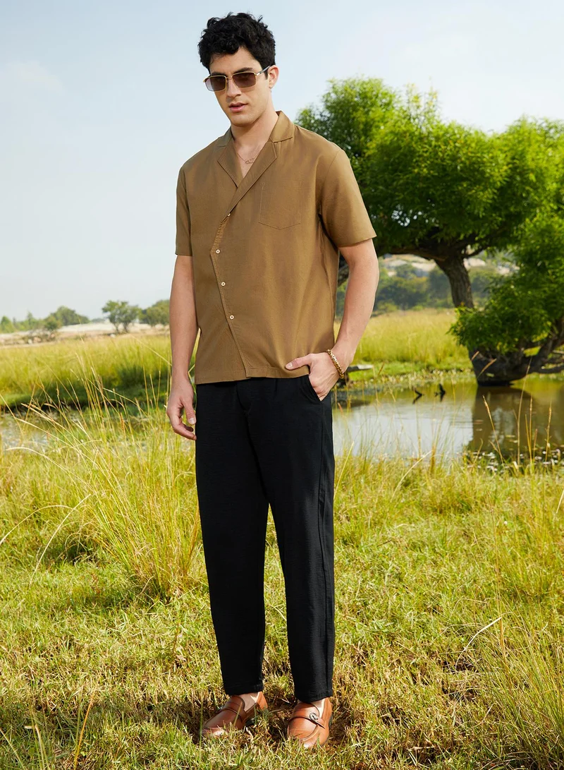 Campus Sutra Men's Camel Brown Asymmetrical Cuban Shirt