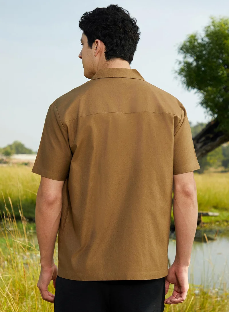 Campus Sutra Men's Camel Brown Asymmetrical Cuban Shirt
