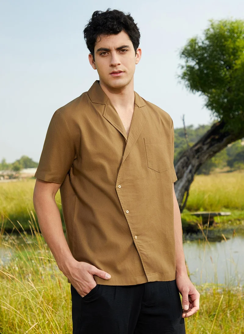 Campus Sutra Men's Camel Brown Asymmetrical Cuban Shirt