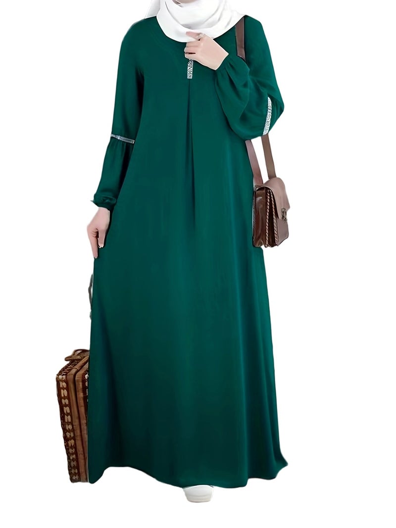 Muslim Middle Eastern New Women's Arabic Sequin Patchwork Elegant Round Neck Long Sleeve Abaya - Image 5