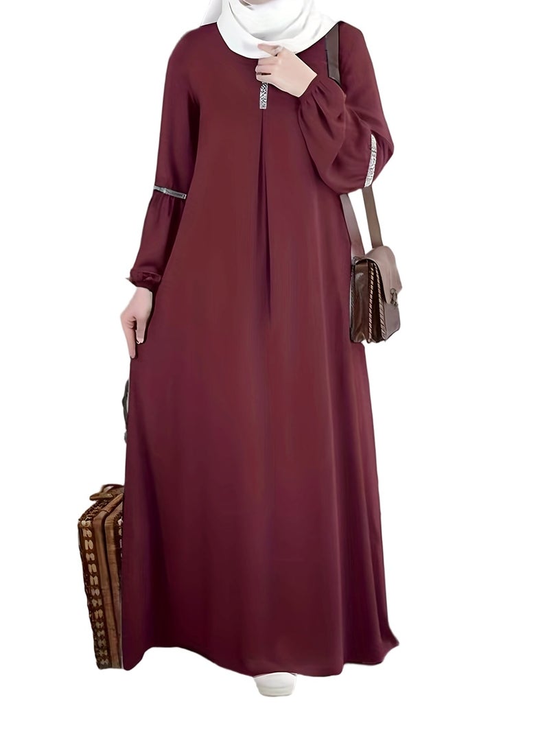 Muslim Middle Eastern New Women's Arabic Sequin Patchwork Elegant Round Neck Long Sleeve Abaya - Image 1