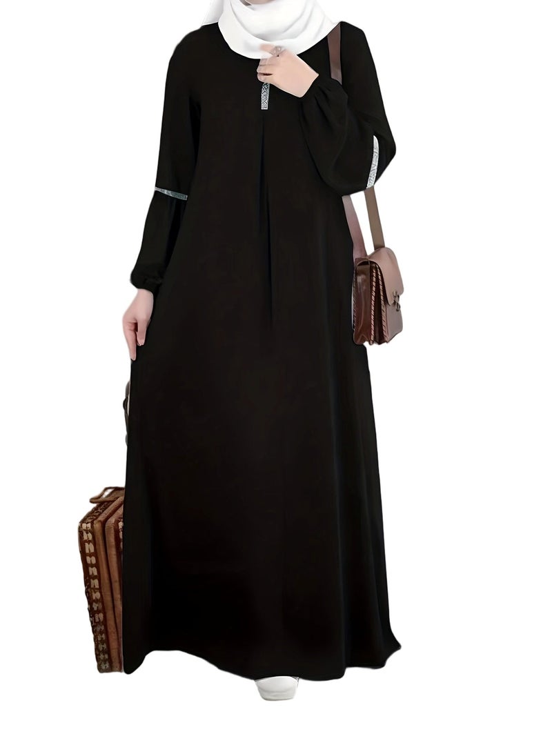 Muslim Middle Eastern New Women's Arabic Sequin Patchwork Elegant Round Neck Long Sleeve Abaya - Image 4